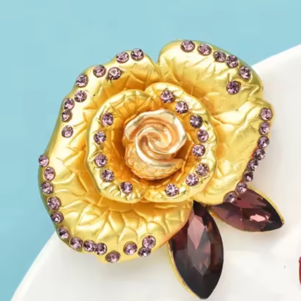 lGolden Rose Amethyst Rhinestone Floral Pin Brooch